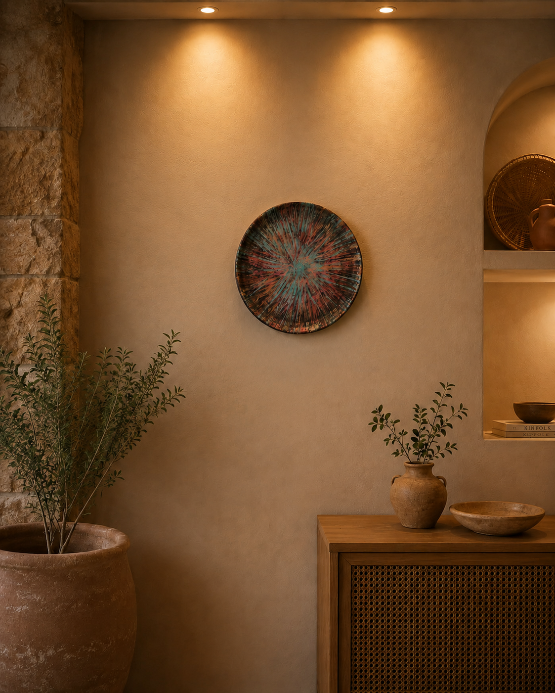Celestial Burst Pottery Wall Plate Set – Vibrant Artistic Elegance