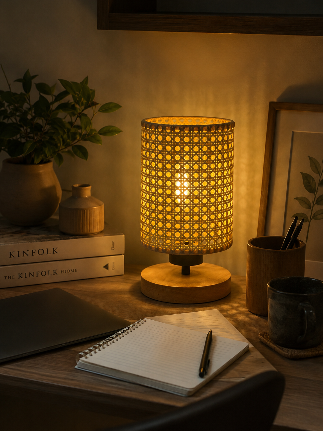 Rattan Glow Table Lamp: Wooden Base