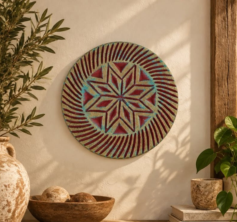 Sunburst Star Turquoise & Burgundy Pottery Wall Plate