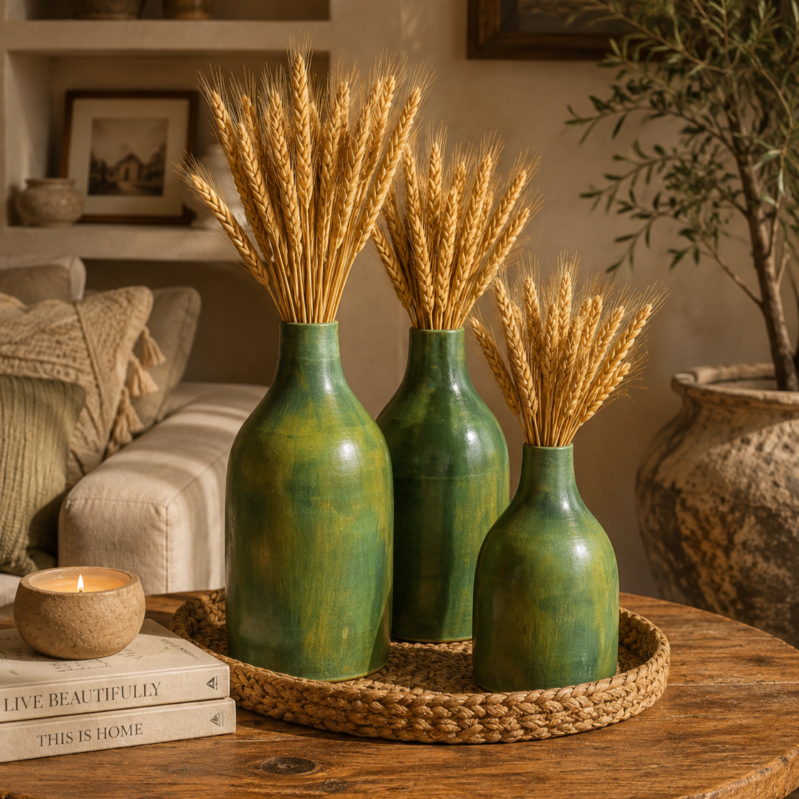 Verdant Green Pottery Vases – Set of 3