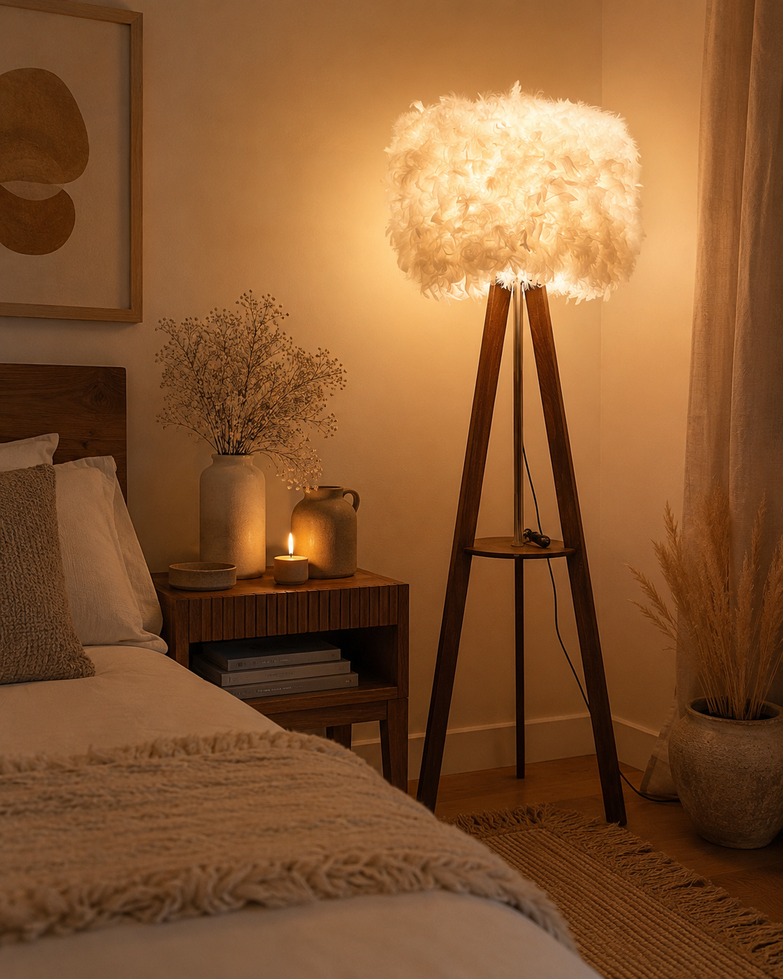 Cloud Feather Wooden Tripod Floor Lamp