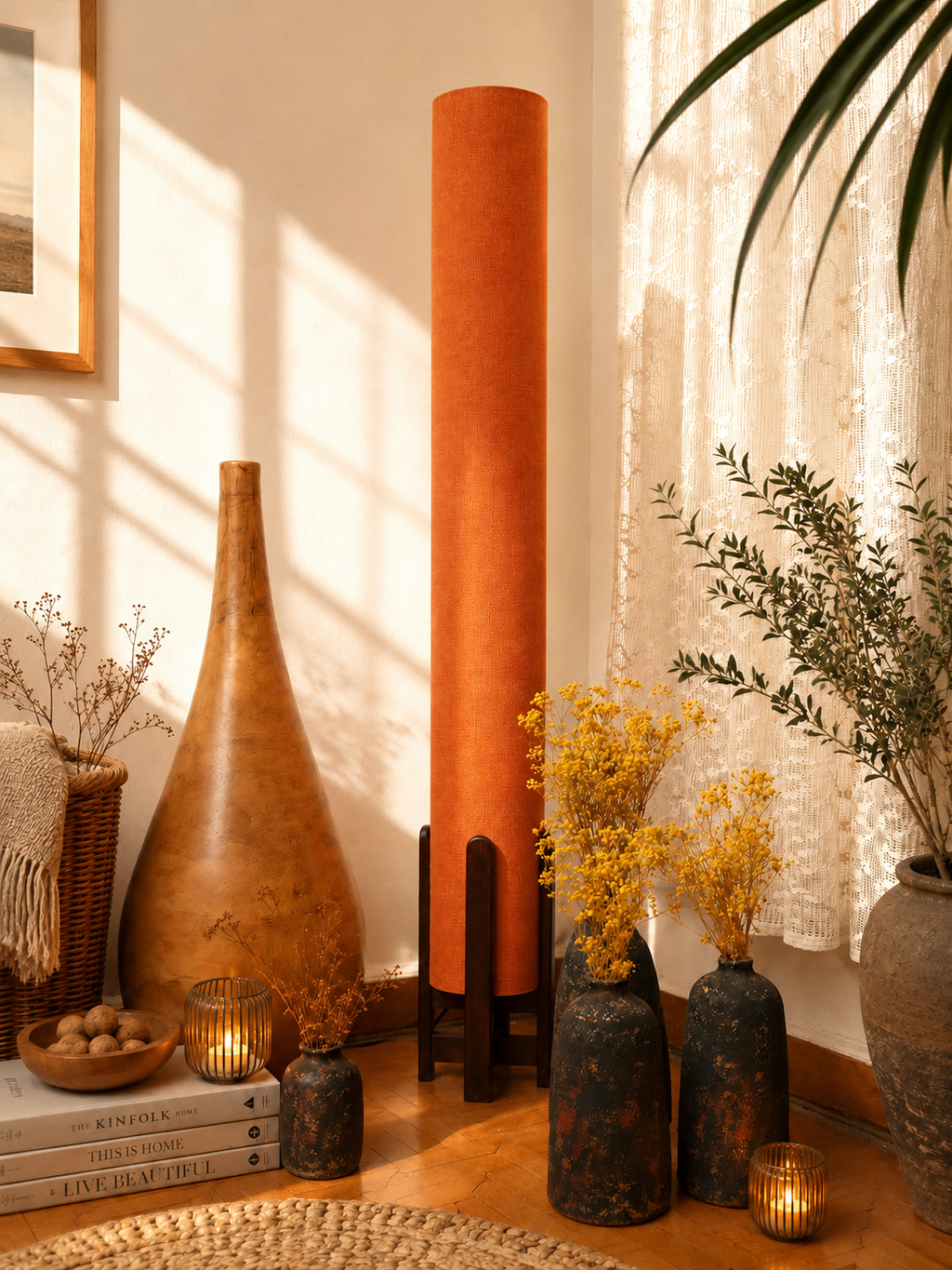 Burnt Orange Linen Column Floor Lamp: Mid-Century Modern