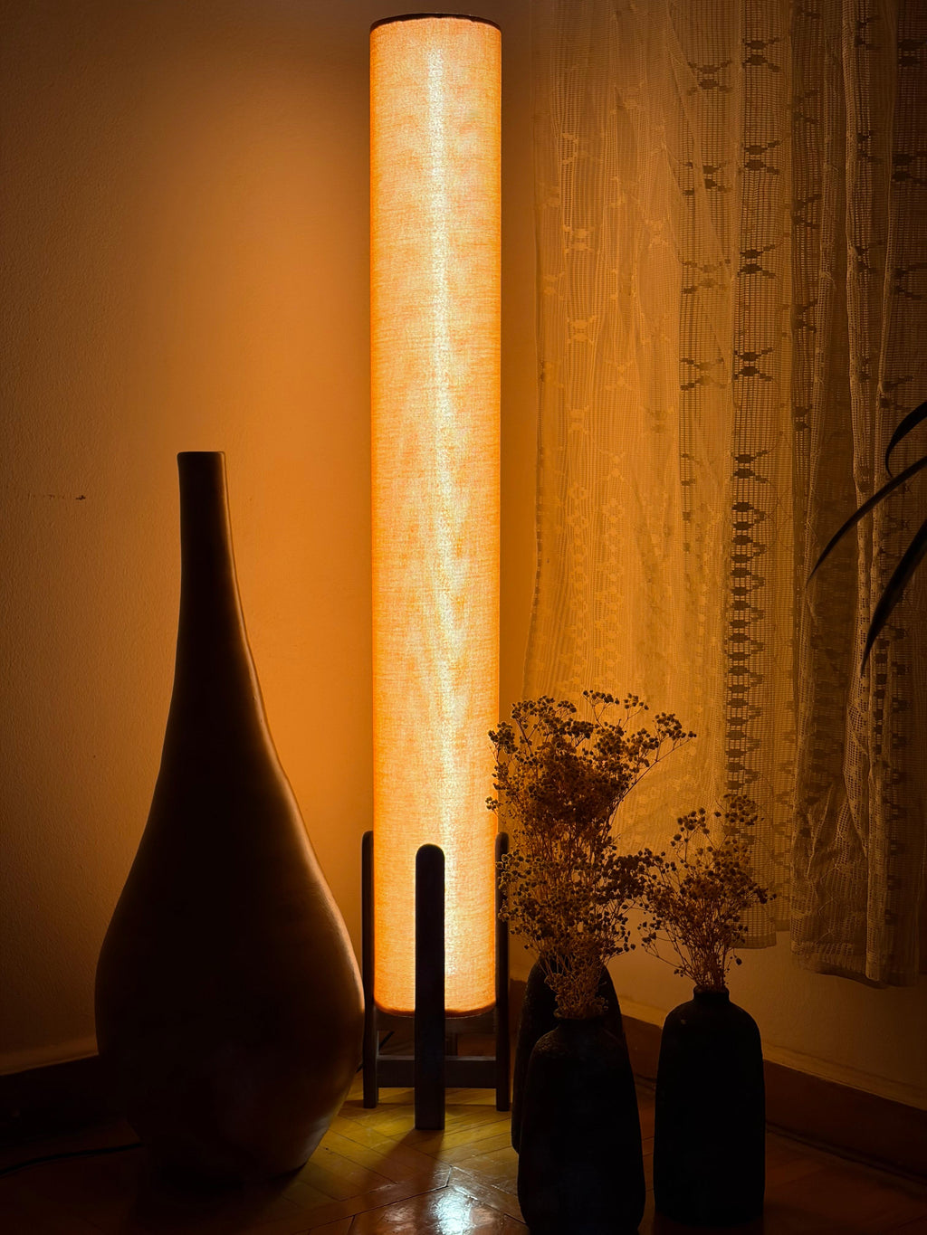 Burnt Orange Linen Column Floor Lamp: Mid-Century Modern