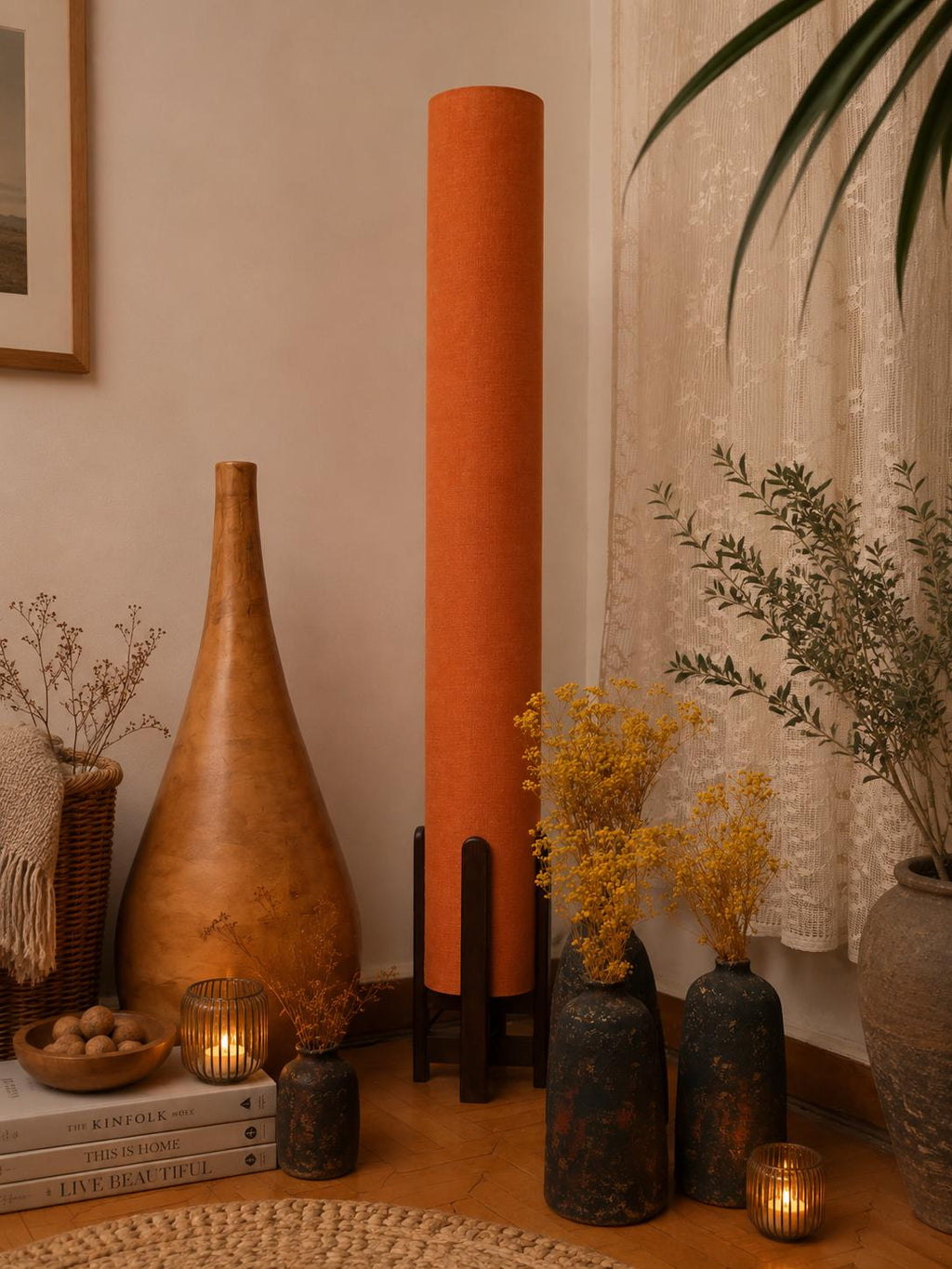 Burnt Orange Linen Column Floor Lamp: Mid-Century Modern