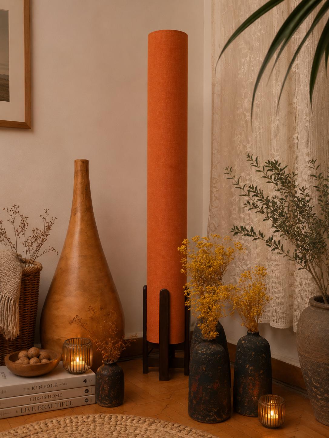 Burnt Orange Linen Column Floor Lamp: Mid-Century Modern