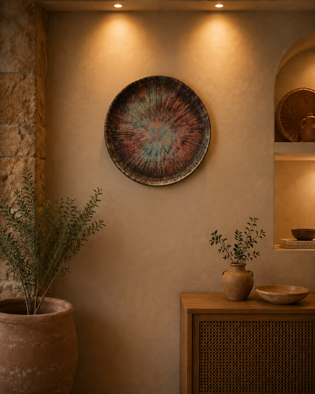 Celestial Burst Pottery Wall Plate Set – Vibrant Artistic Elegance