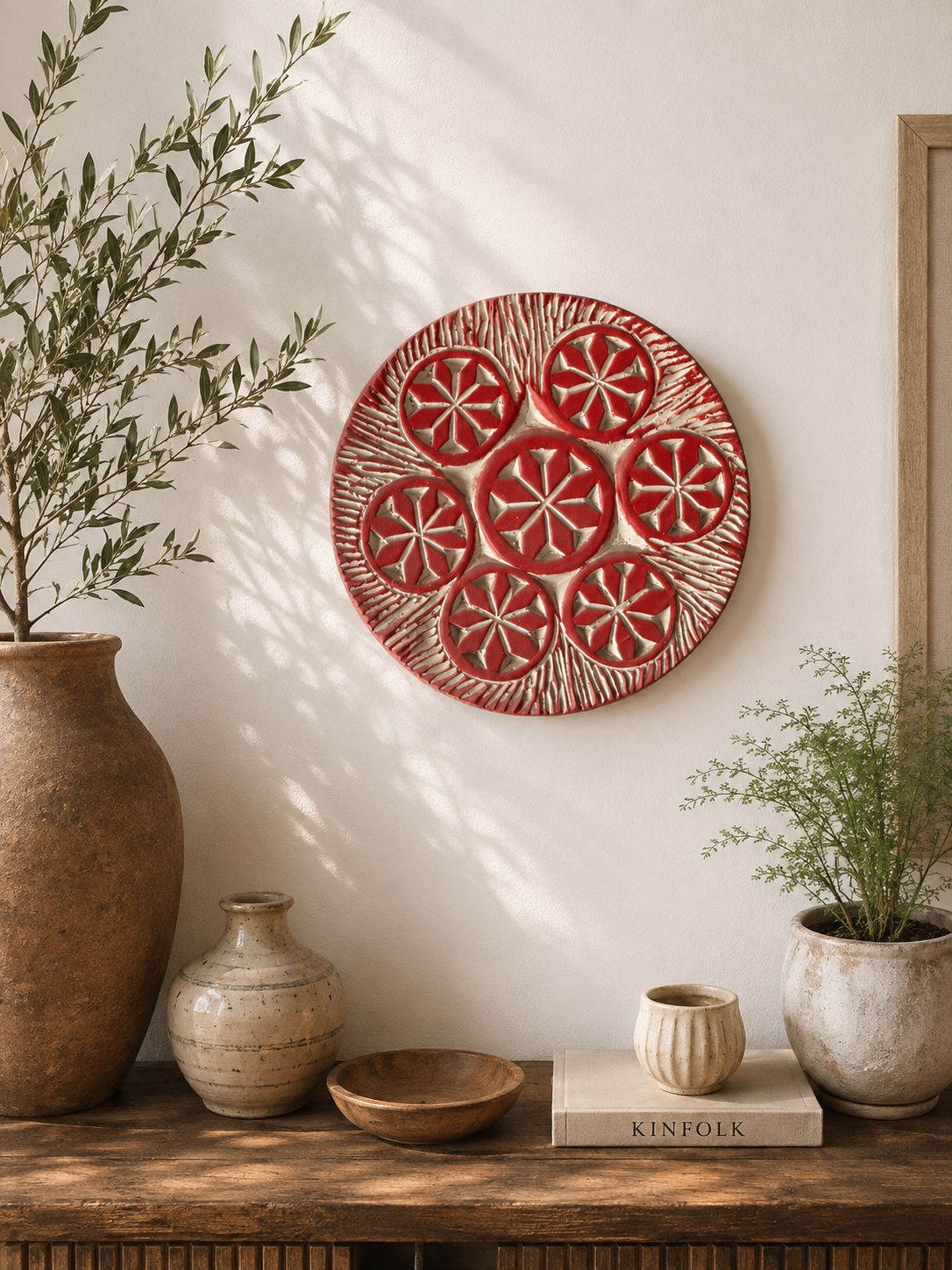 Crimson Rosette Pottery Decorative Plate
