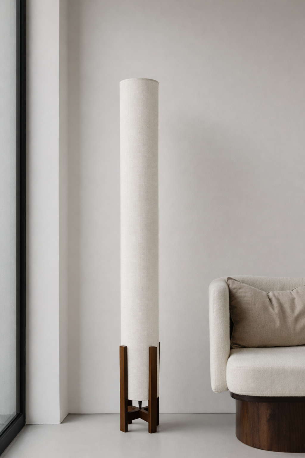 Off-White Linen Column Floor Lamp: Mid-Century Modern