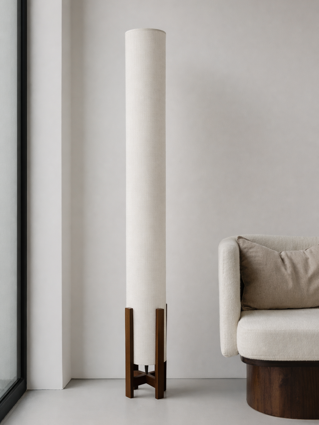 Off-White Linen Column Floor Lamp: Mid-Century Modern