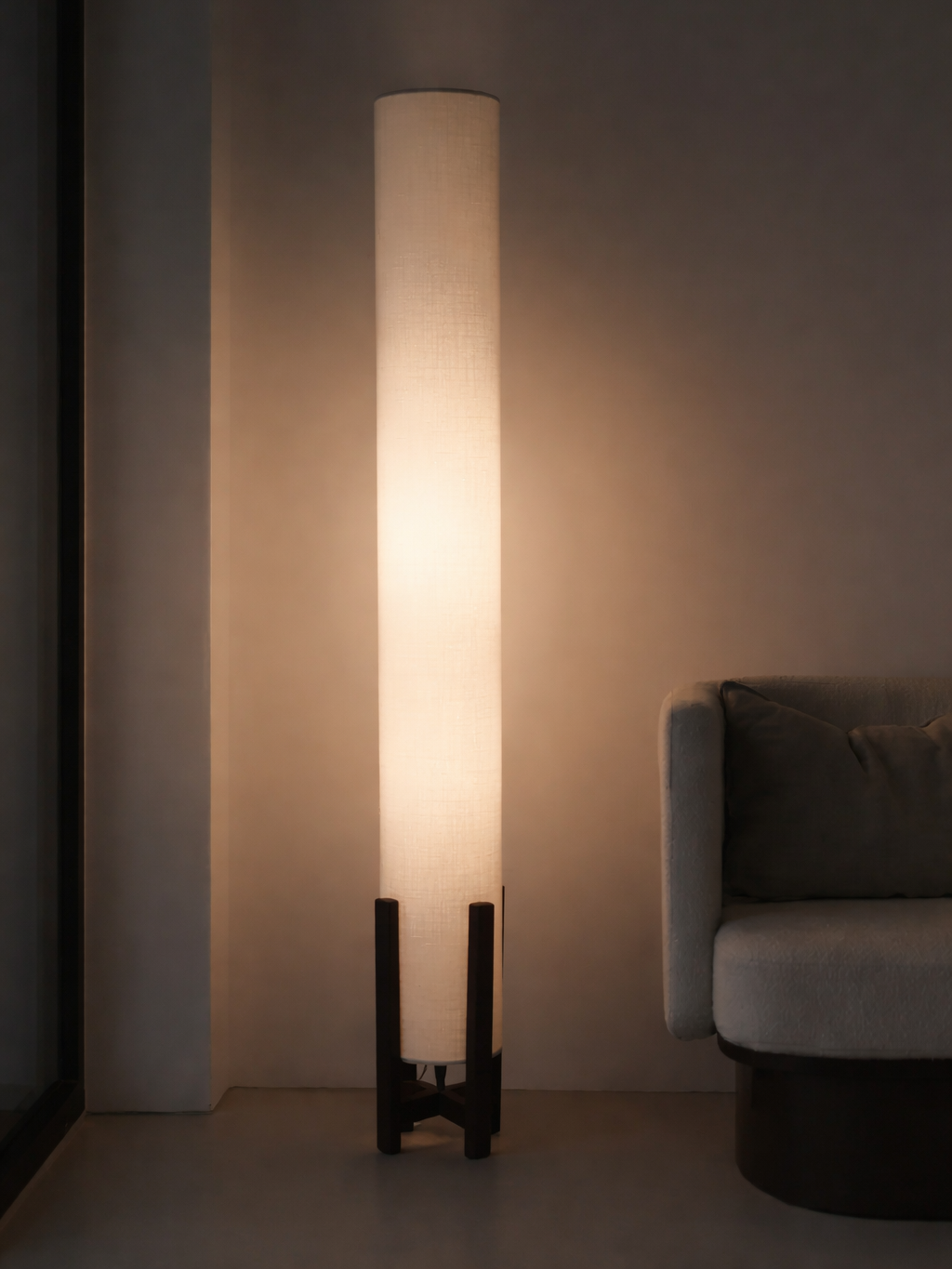 Off-White Linen Column Floor Lamp: Mid-Century Modern
