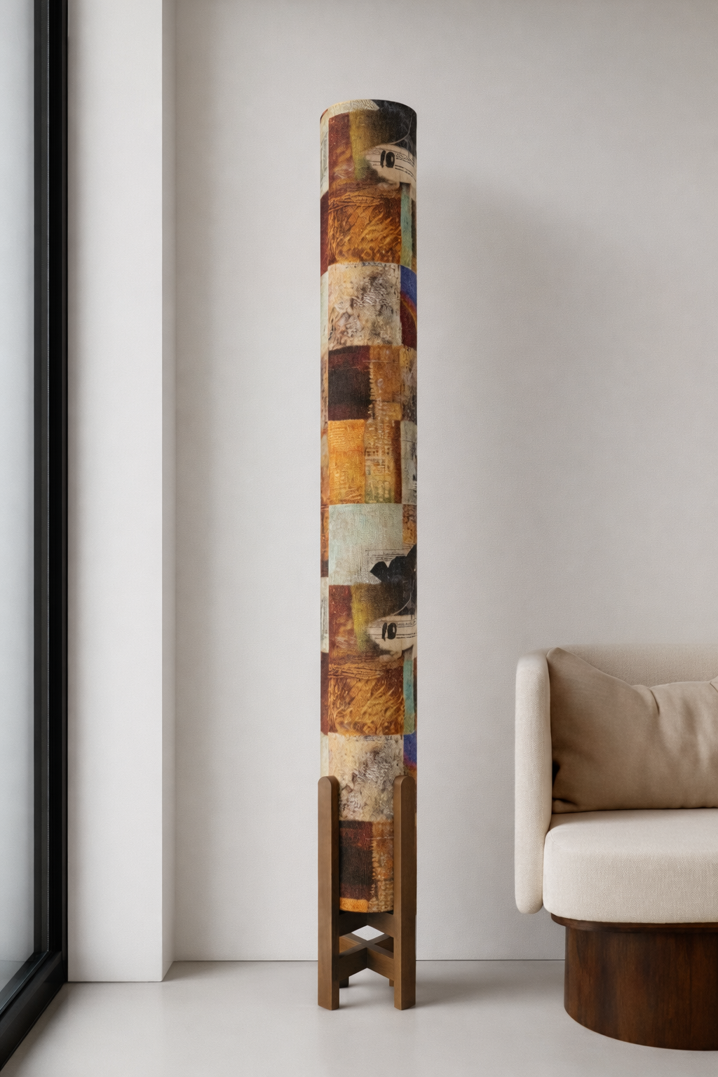 Artistic Collage Linen Column Floor Lamp: Mid-Century Modern