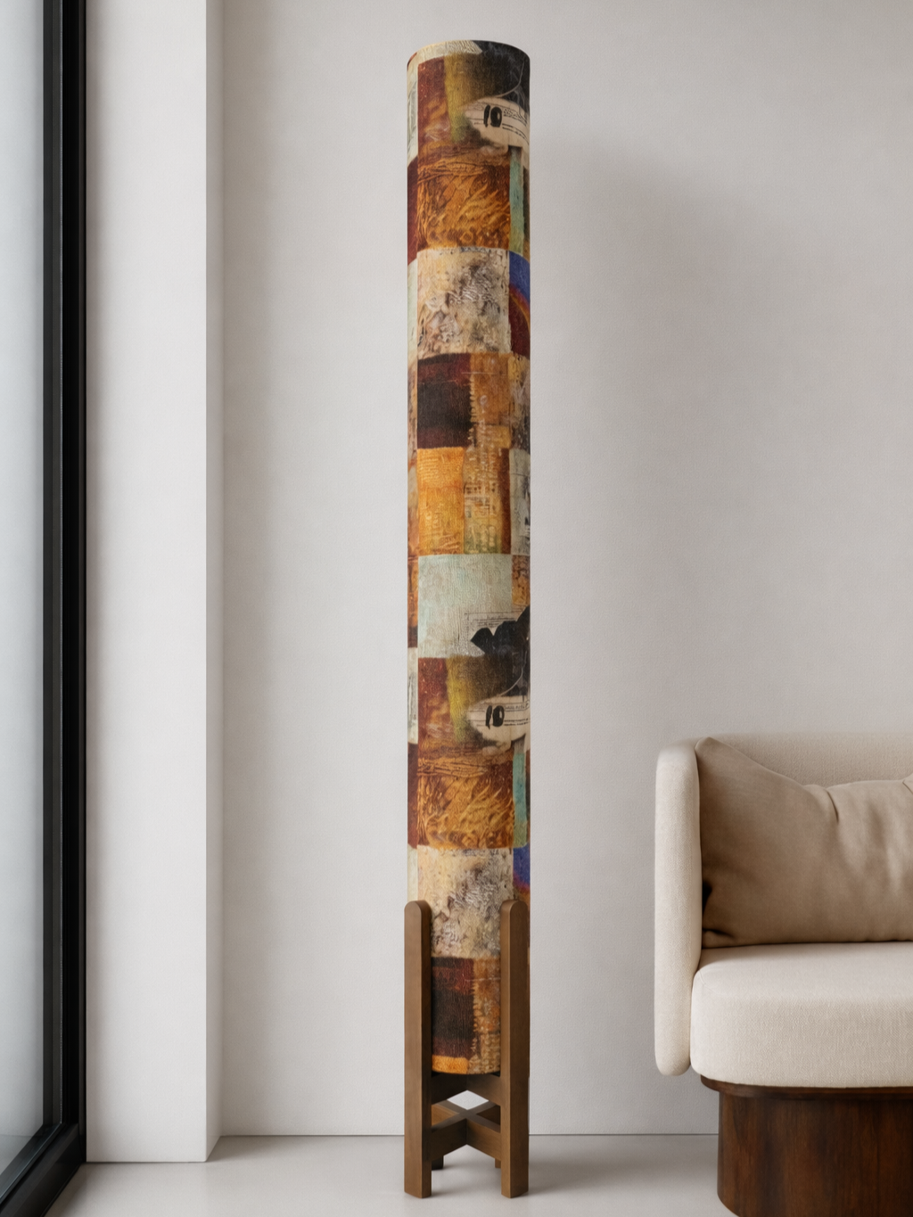 Artistic Collage Linen Column Floor Lamp: Mid-Century Modern