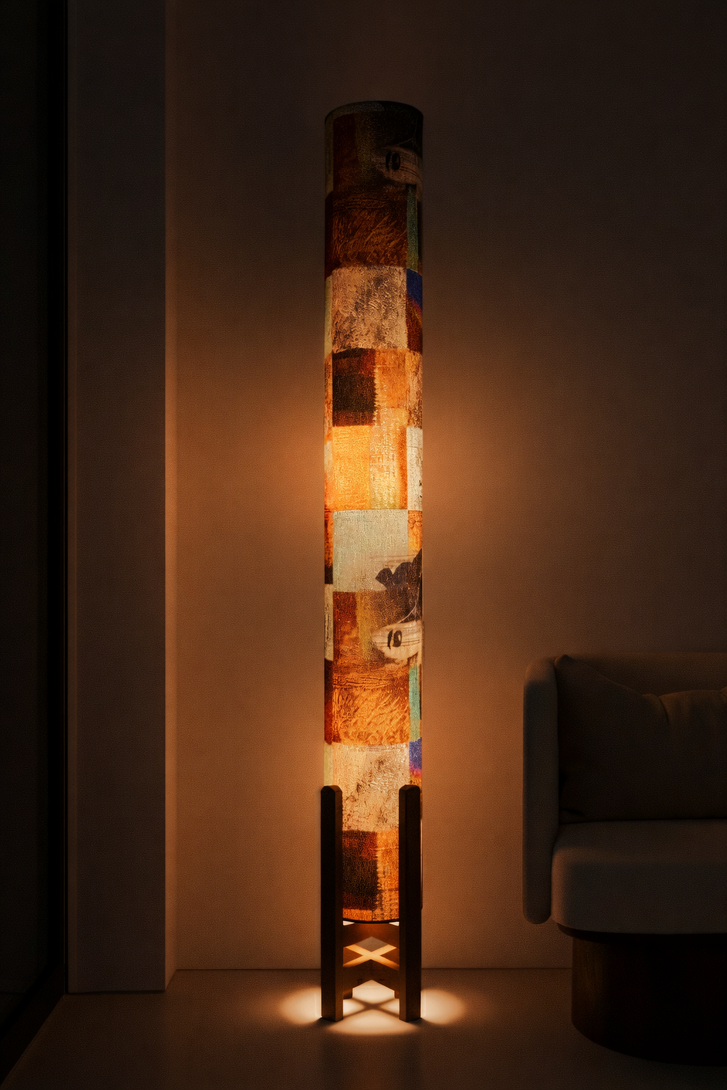 Artistic Collage Linen Column Floor Lamp: Mid-Century Modern