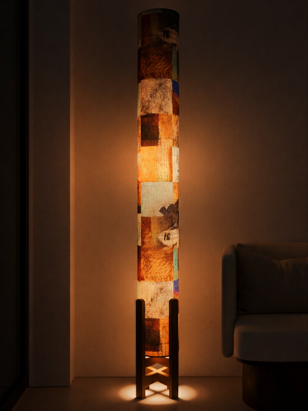 Artistic Collage Linen Column Floor Lamp: Mid-Century Modern