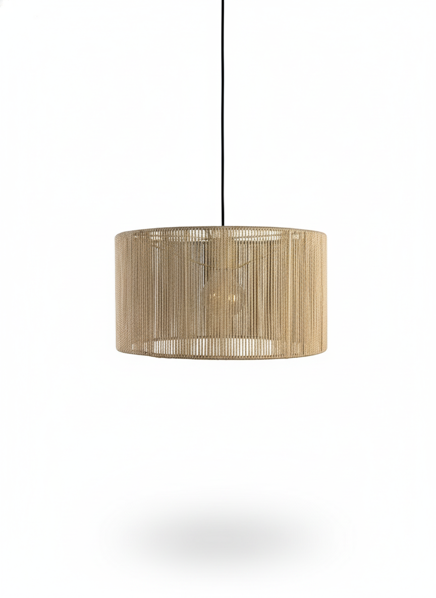 Sugary Beige Drum Pendant Light: Soft Woven Texture in a Single Boho Style