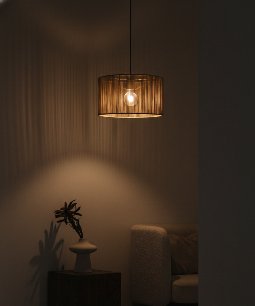 Sugary Beige Drum Pendant Light: Soft Woven Texture in a Single Boho Style