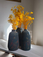 Pottery Textured Vase Set of 3 – Charcoal Black, Red & Antique Gold