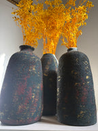 Pottery Textured Vase Set of 3 – Charcoal Black, Red & Antique Gold