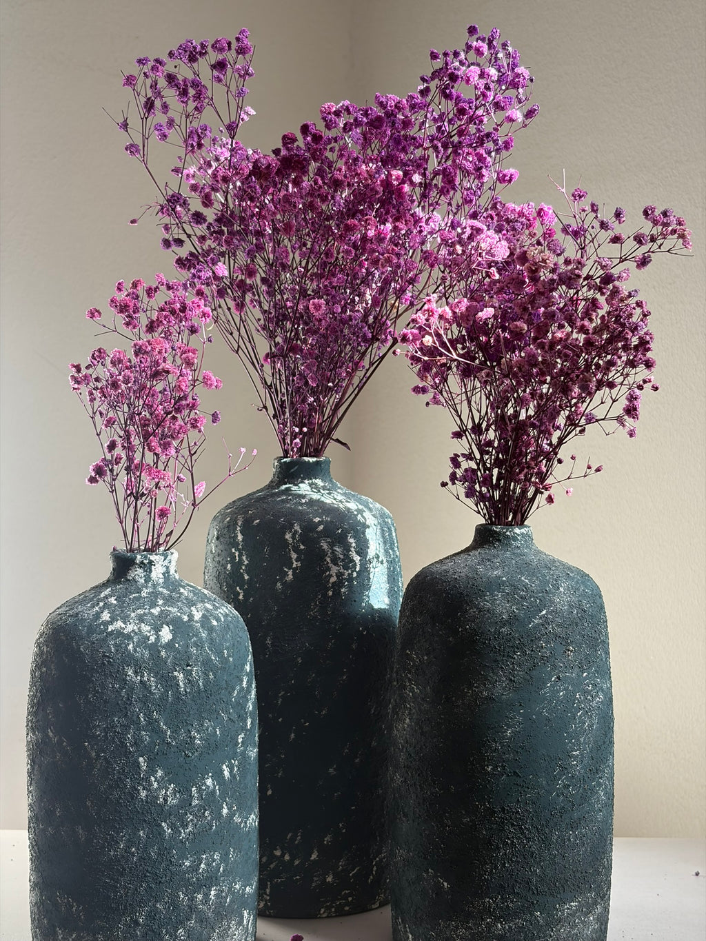Pottery Textured Vase Set of 3 – Charcoal Black & Antique Silver