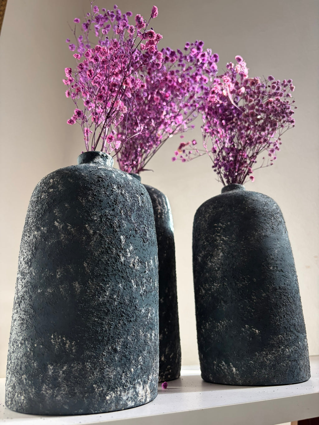 Pottery Textured Vase Set of 3 – Charcoal Black & Antique Silver