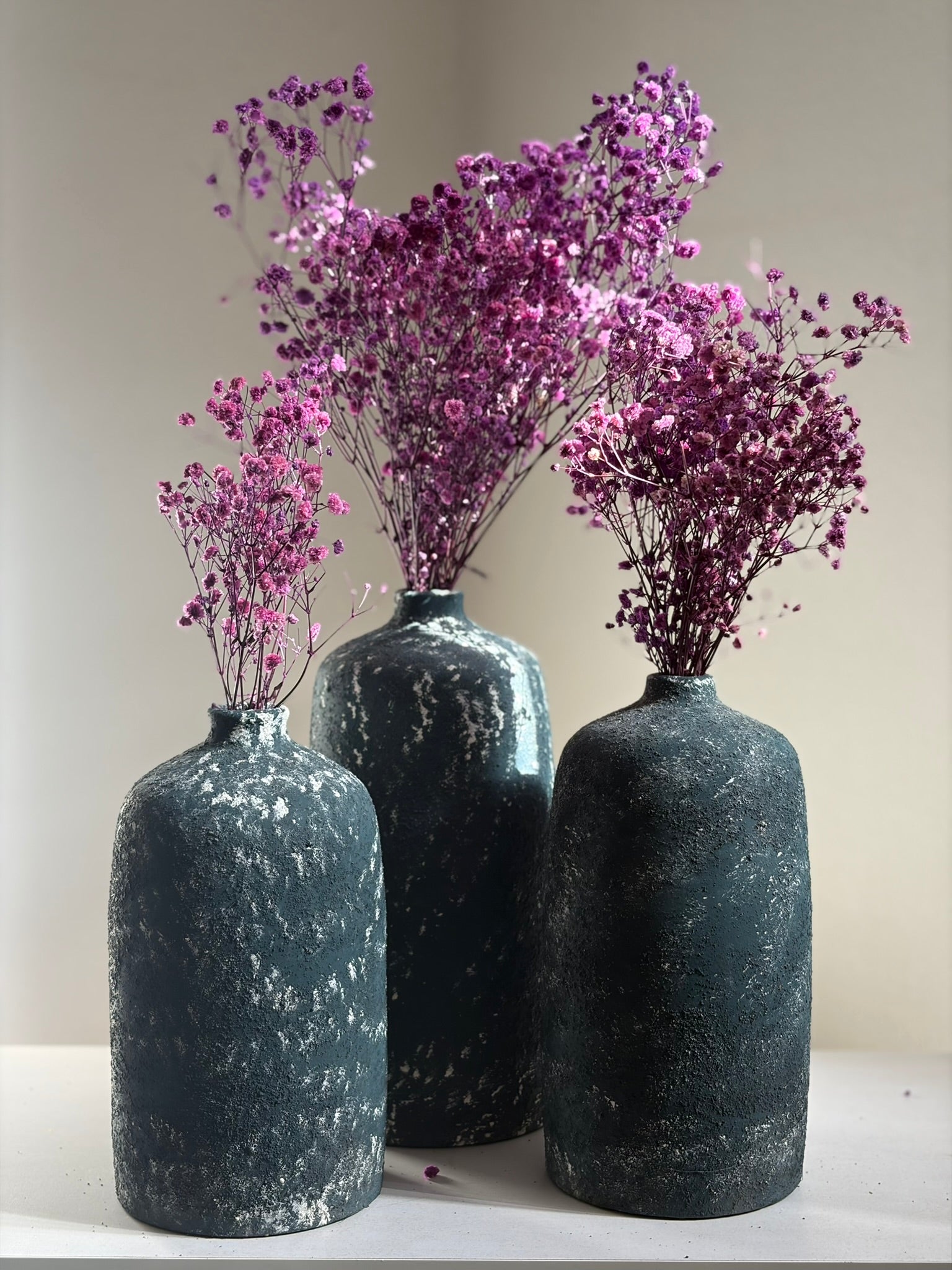 Pottery Textured Vase Set of 3 – Charcoal Black & Antique Silver