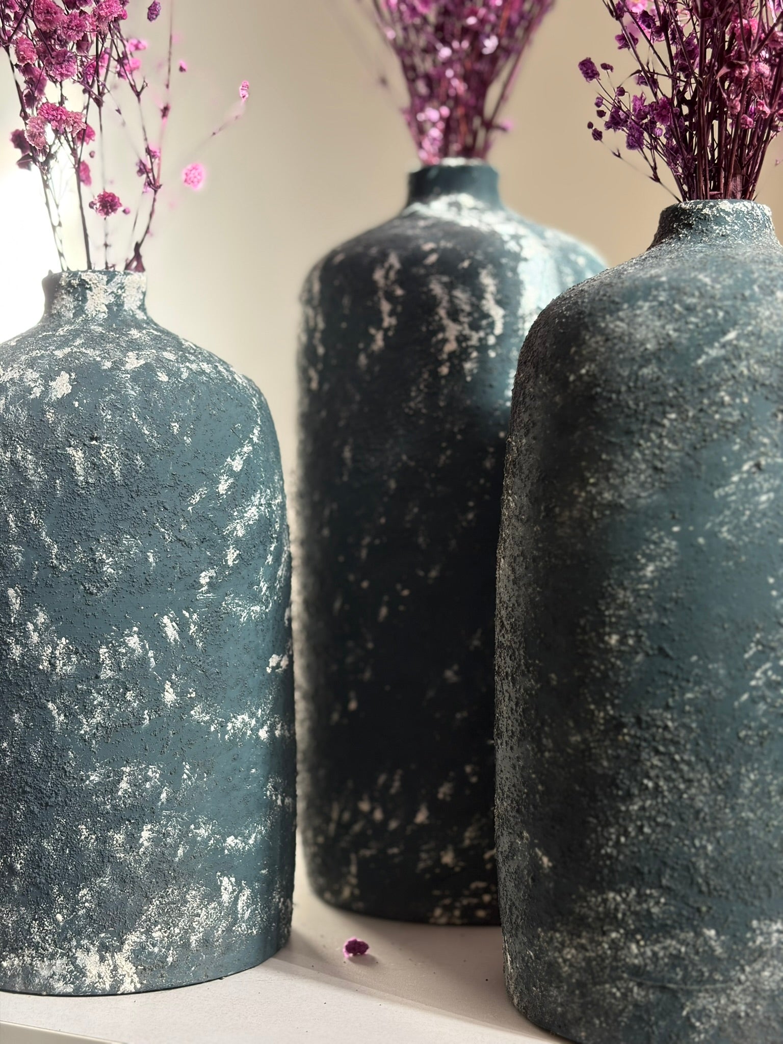 Pottery Textured Vase Set of 3 – Charcoal Black & Antique Silver