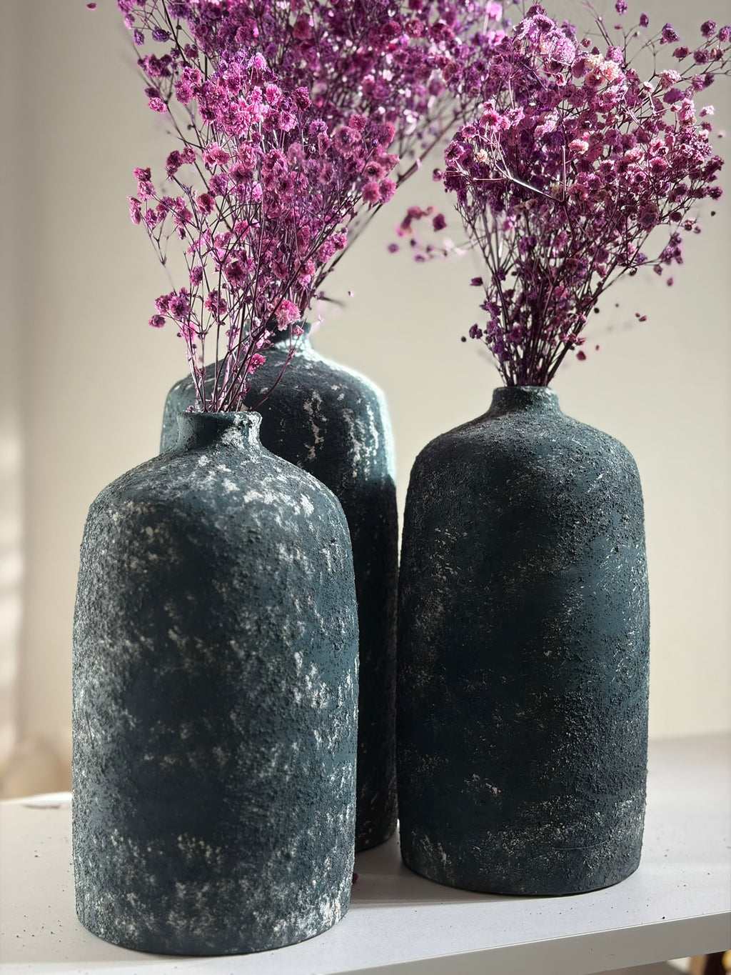 Pottery Textured Vase Set of 3 – Charcoal Black & Antique Silver
