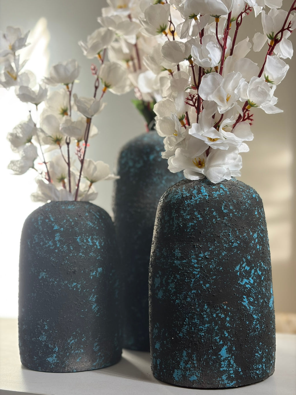 Pottery Textured Vase Set of 3 – Charcoal Black & Turquoise Blue
