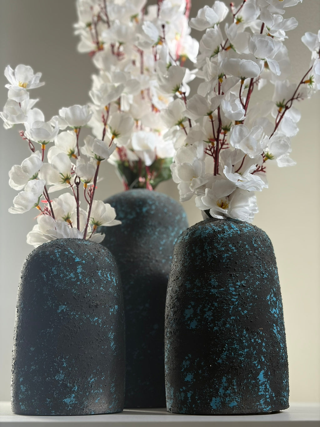 Pottery Textured Vase Set of 3 – Charcoal Black & Turquoise Blue