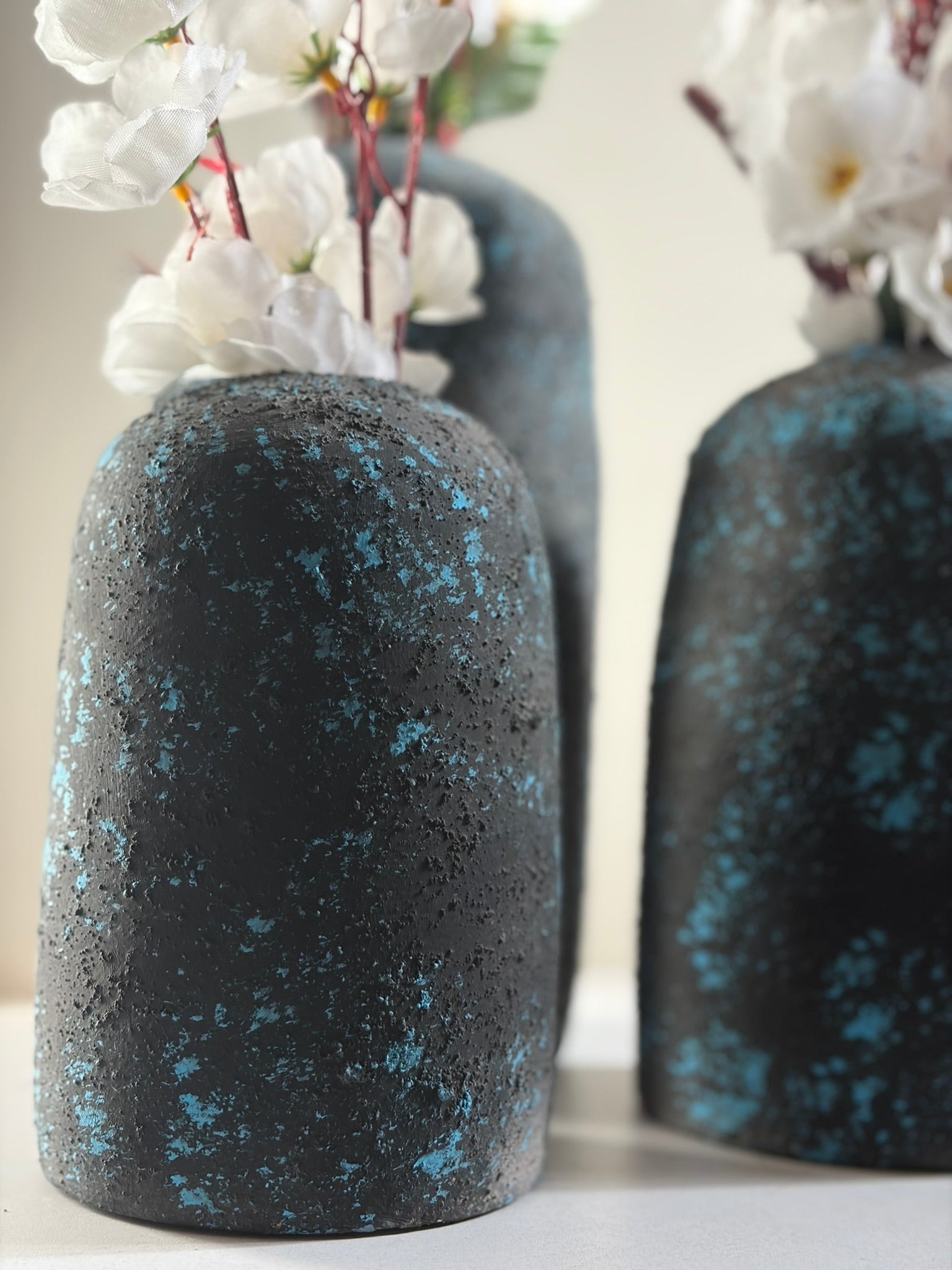 Pottery Textured Vase Set of 3 – Charcoal Black & Turquoise Blue
