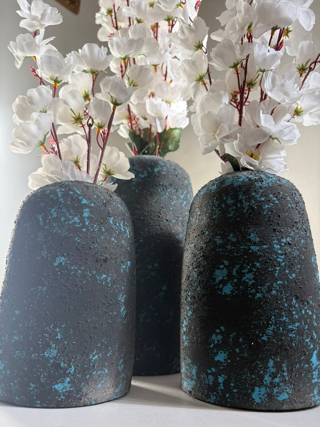 Pottery Textured Vase Set of 3 – Charcoal Black & Turquoise Blue