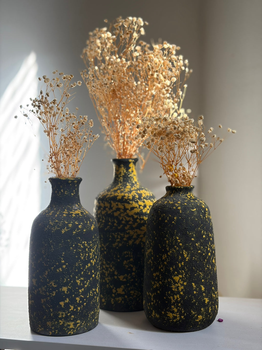 Pottery Textured Vase Set of 3 – Black & Golden Yellow