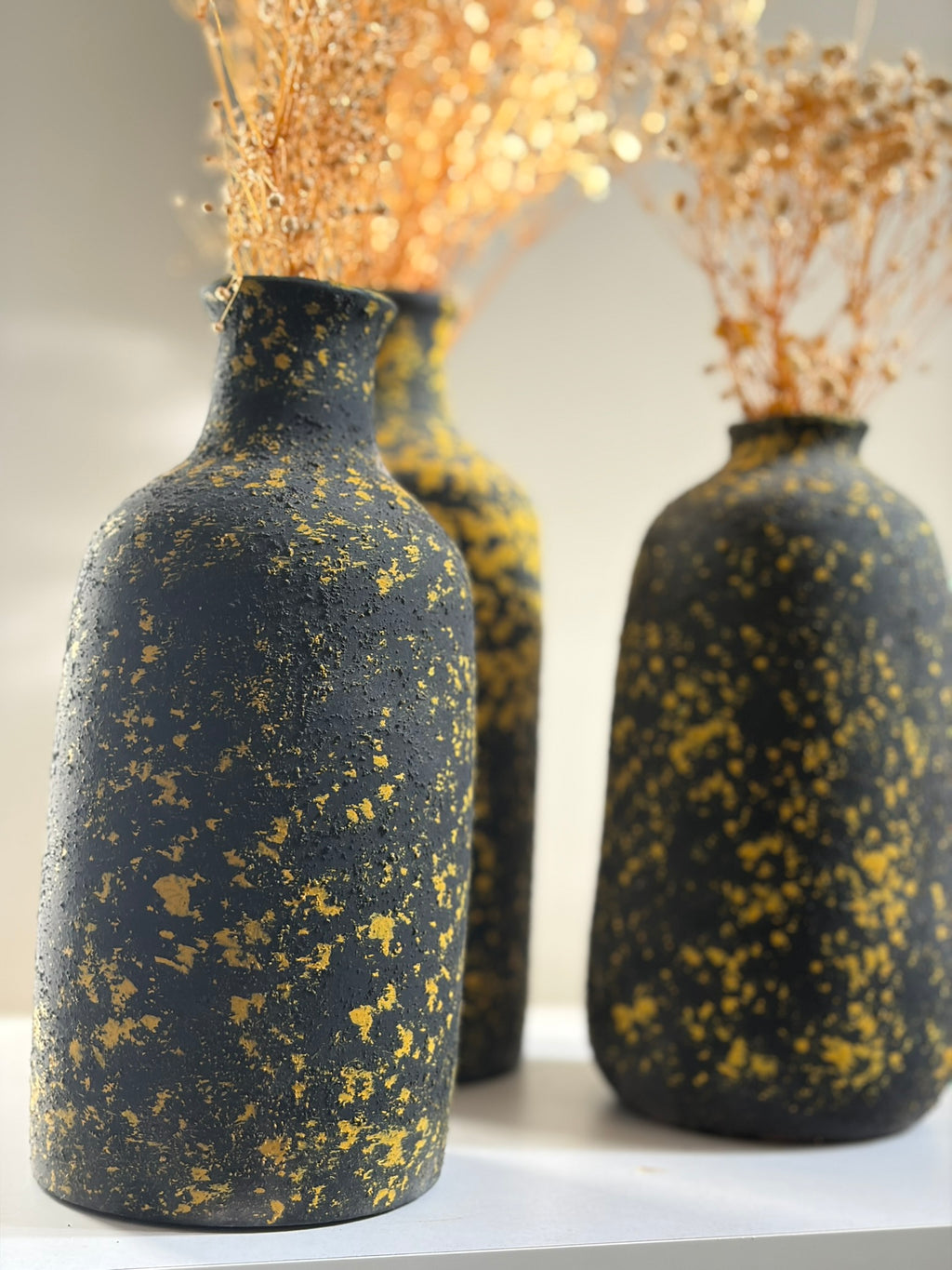 Pottery Textured Vase Set of 3 – Black & Golden Yellow