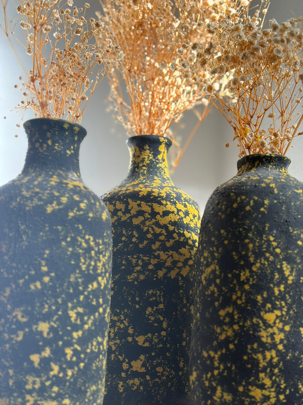 Pottery Textured Vase Set of 3 – Black & Golden Yellow