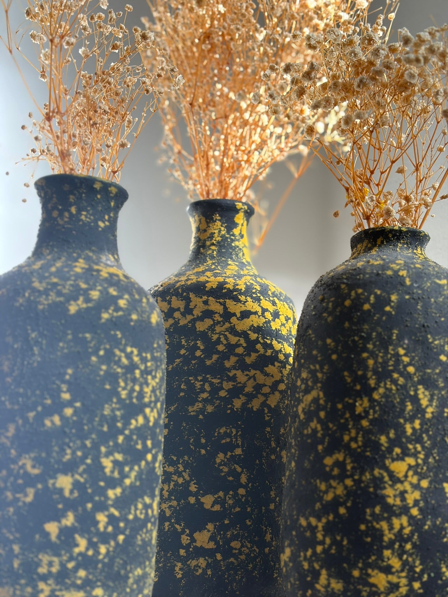 Pottery Textured Vase Set of 3 – Black & Golden Yellow