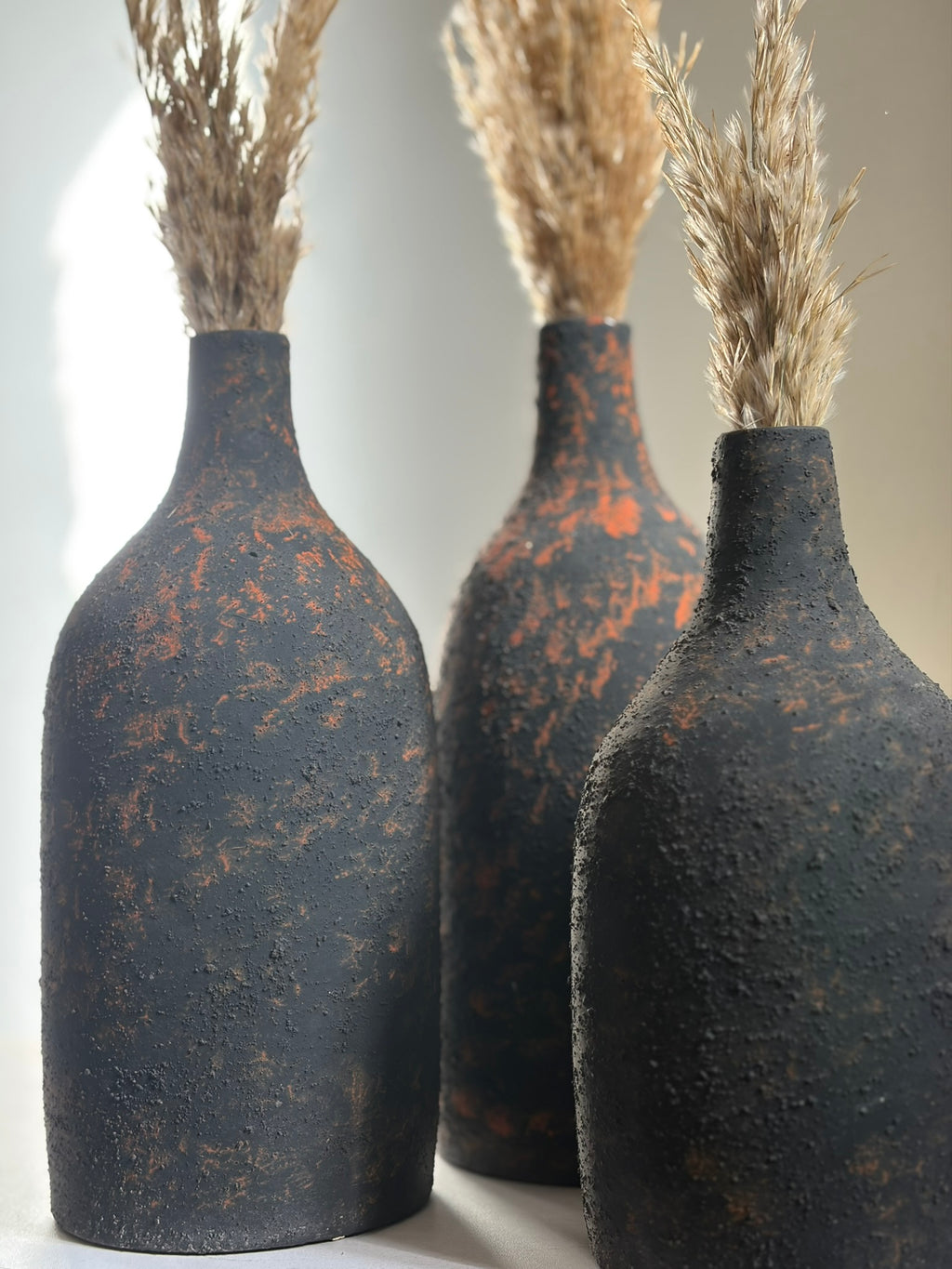 Pottery Textured Vase Set of 3 – Charcoal Black & Rustic Copper