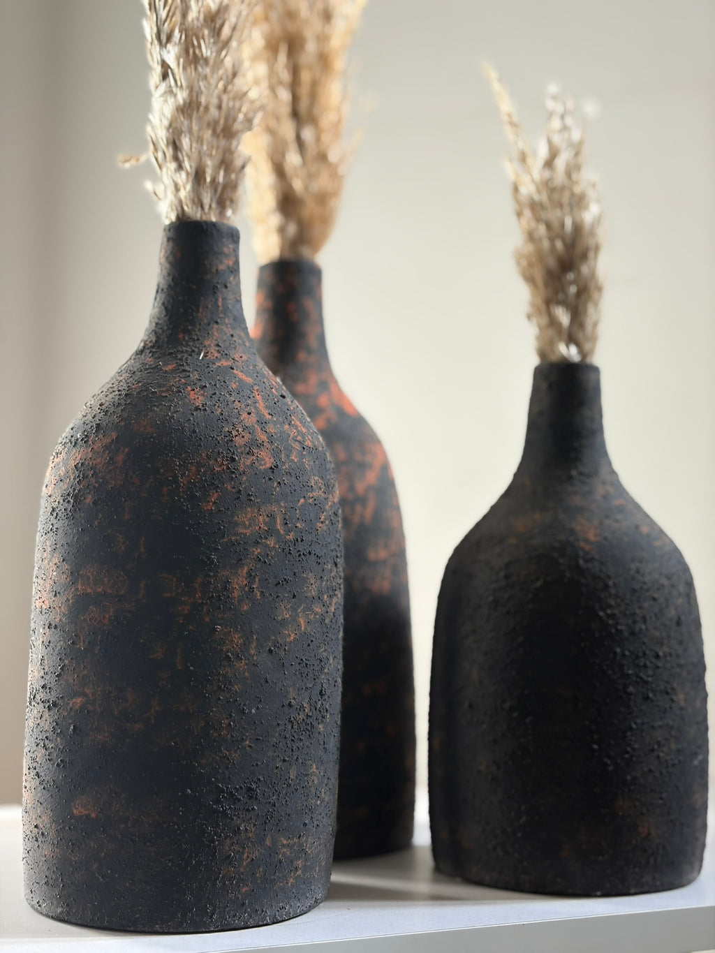 Pottery Textured Vase Set of 3 – Charcoal Black & Rustic Copper