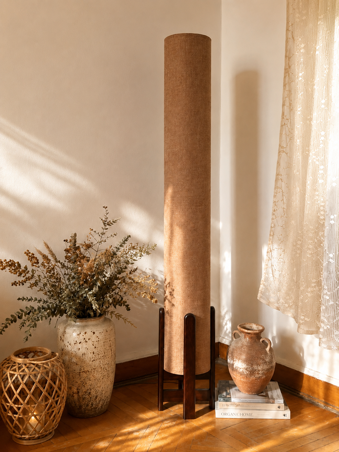 Natural Linen Column Floor Lamp: Mid-Century Modern
