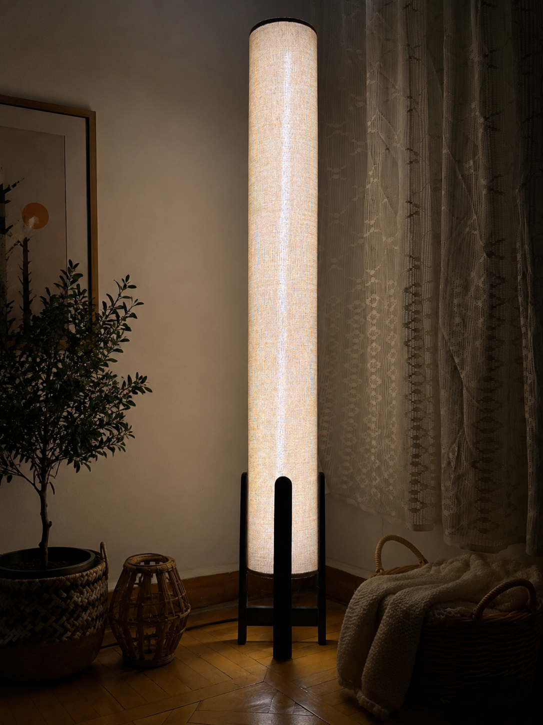 Natural Linen Column Floor Lamp: Mid-Century Modern