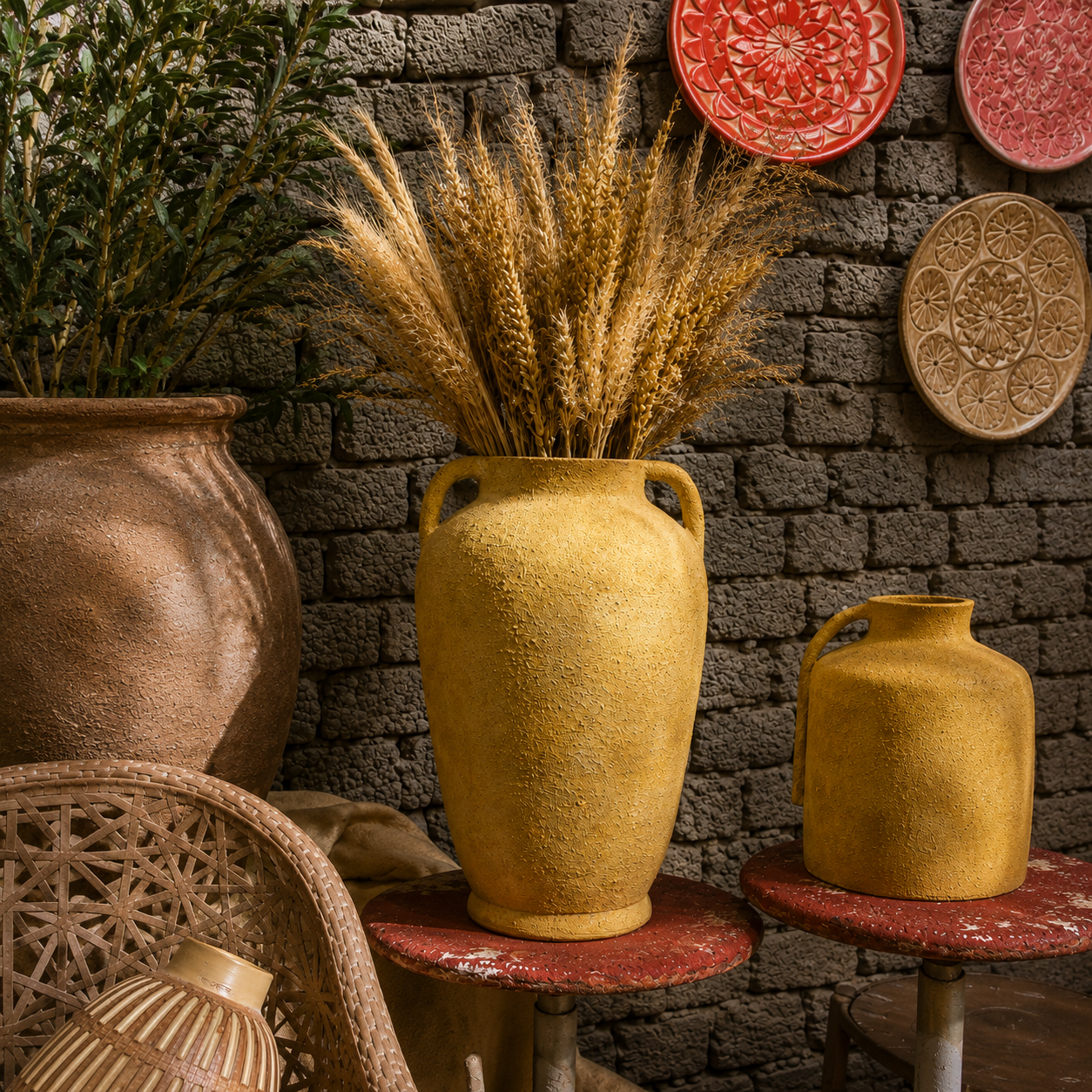 Set of Two Mustard Textured Vases