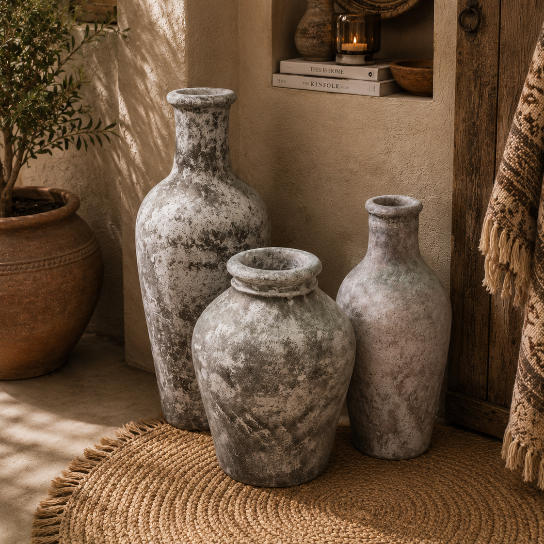 Set of Three Distressed Floor Vases