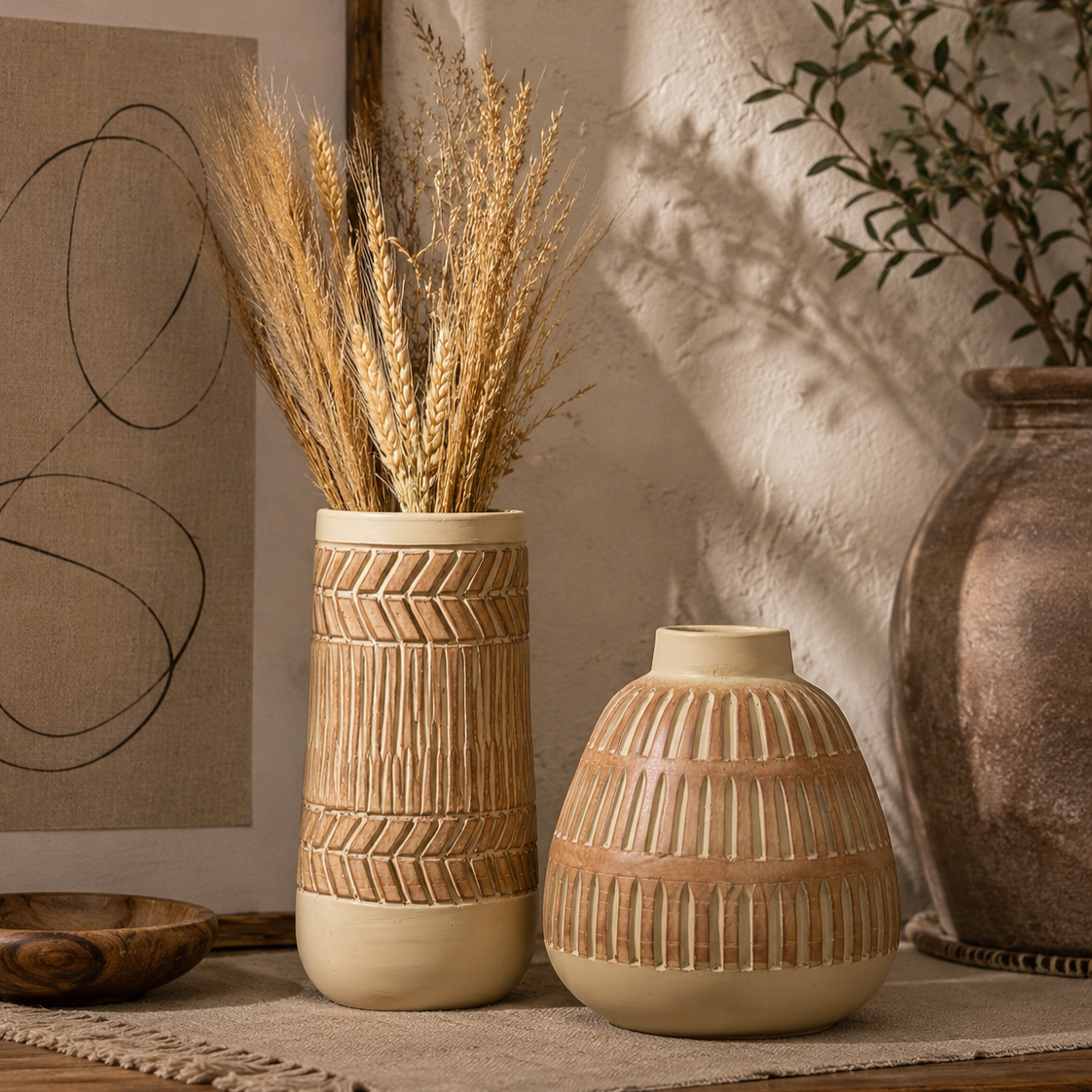 Set of Two Carved Ceramic Vases