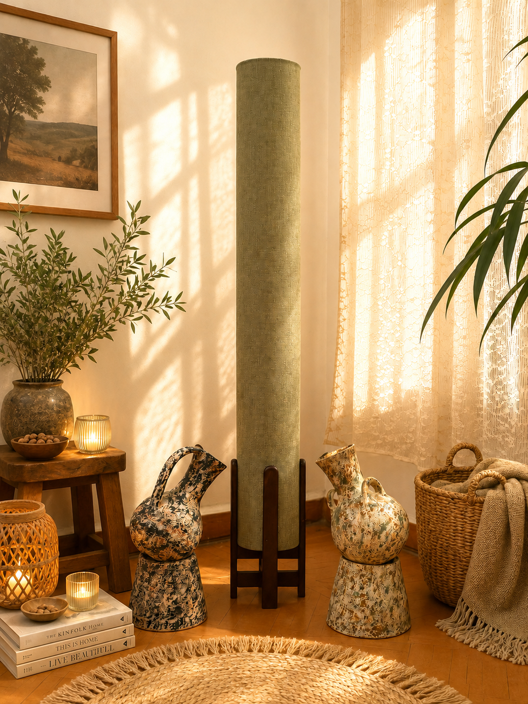 Pistachio Linen Column Floor Lamp: Mid-Century Modern