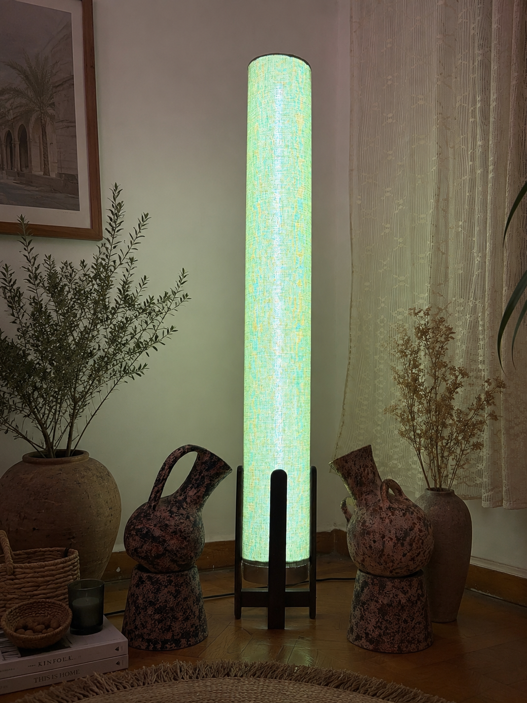 Pistachio Linen Column Floor Lamp: Mid-Century Modern