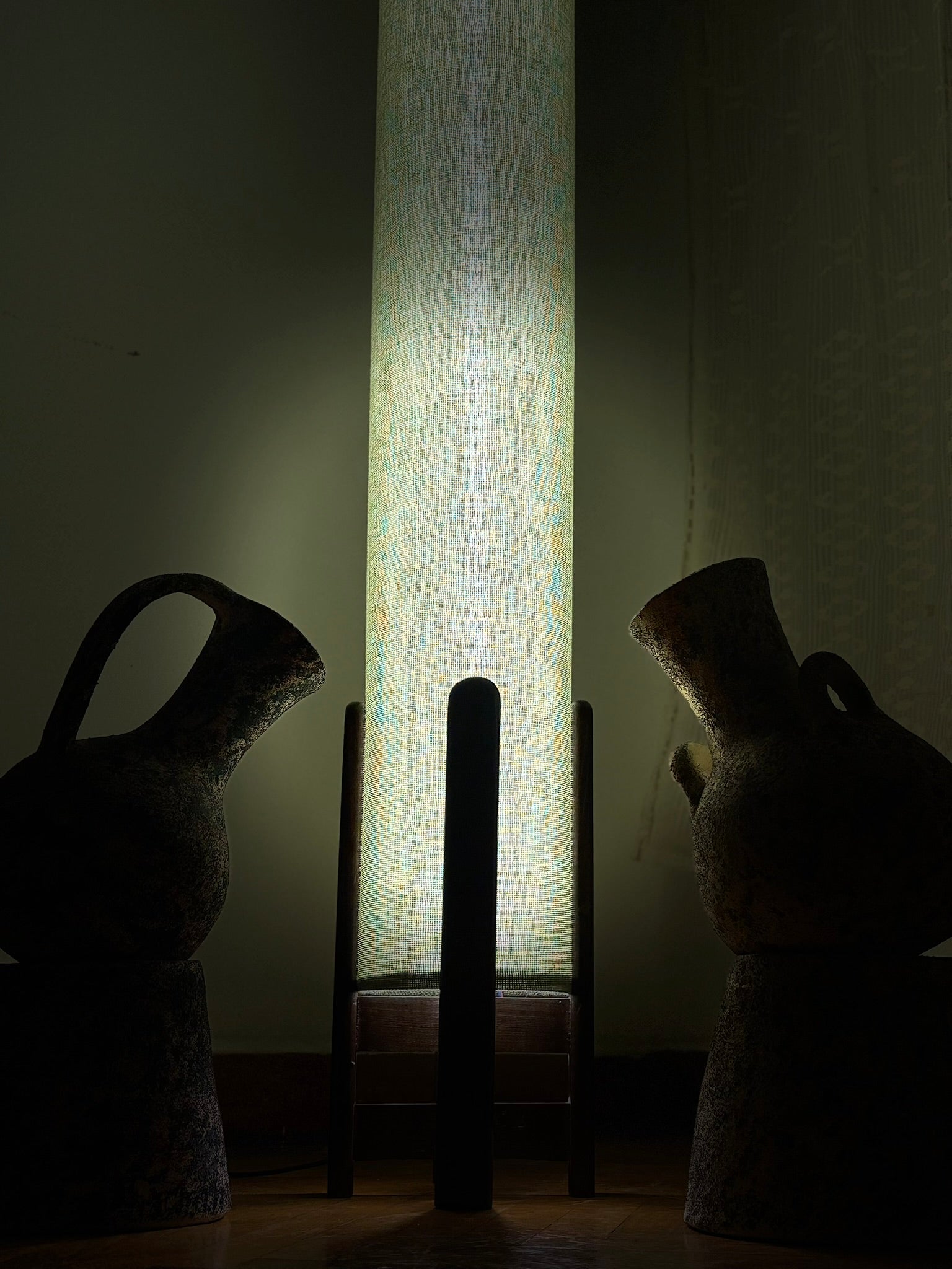 Pistachio Linen Column Floor Lamp: Mid-Century Modern