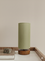 Pistachio Linen Cylinder Table Lamp – Brown Wood Base