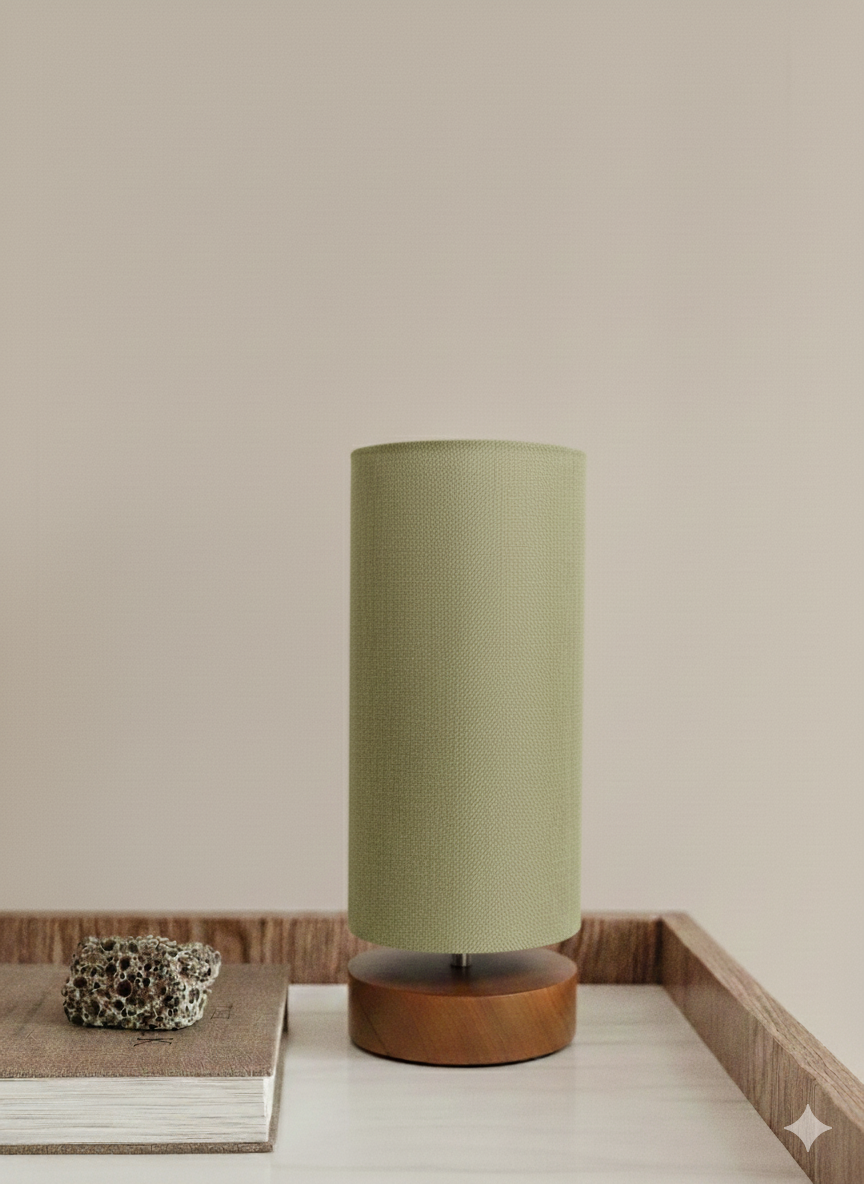 Pistachio Linen Cylinder Table Lamp – Brown Wood Base