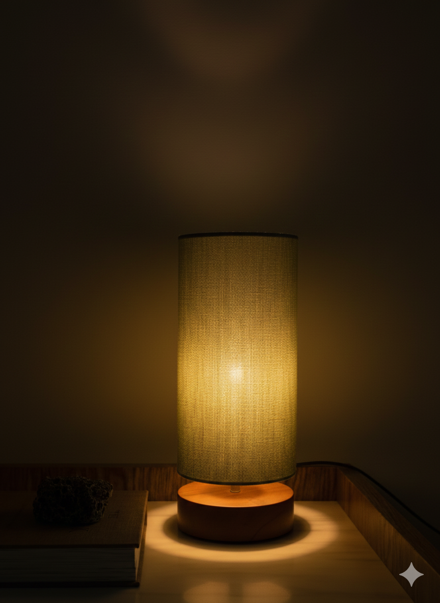 Pistachio Linen Cylinder Table Lamp – Brown Wood Base