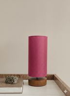 Pink Linen Cylinder Table Lamp – Brown Wood Base