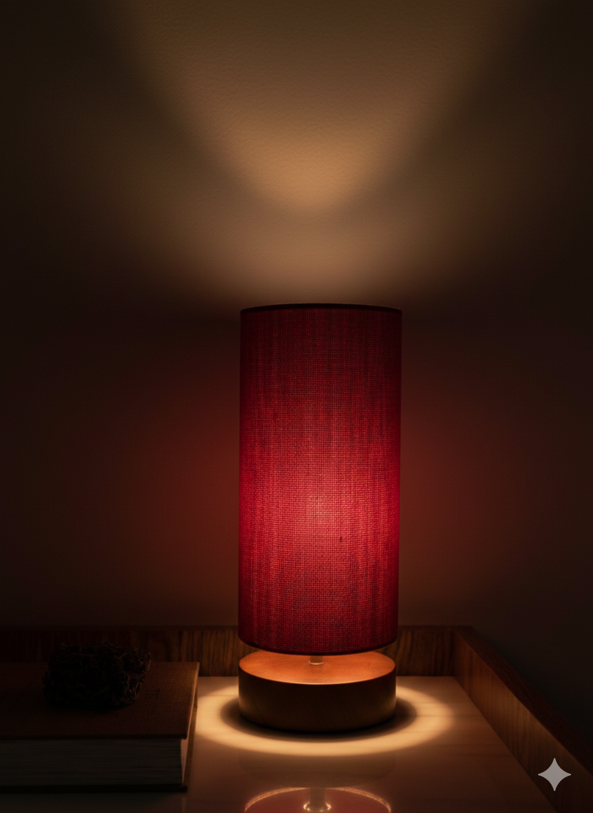 Pink Linen Cylinder Table Lamp – Brown Wood Base